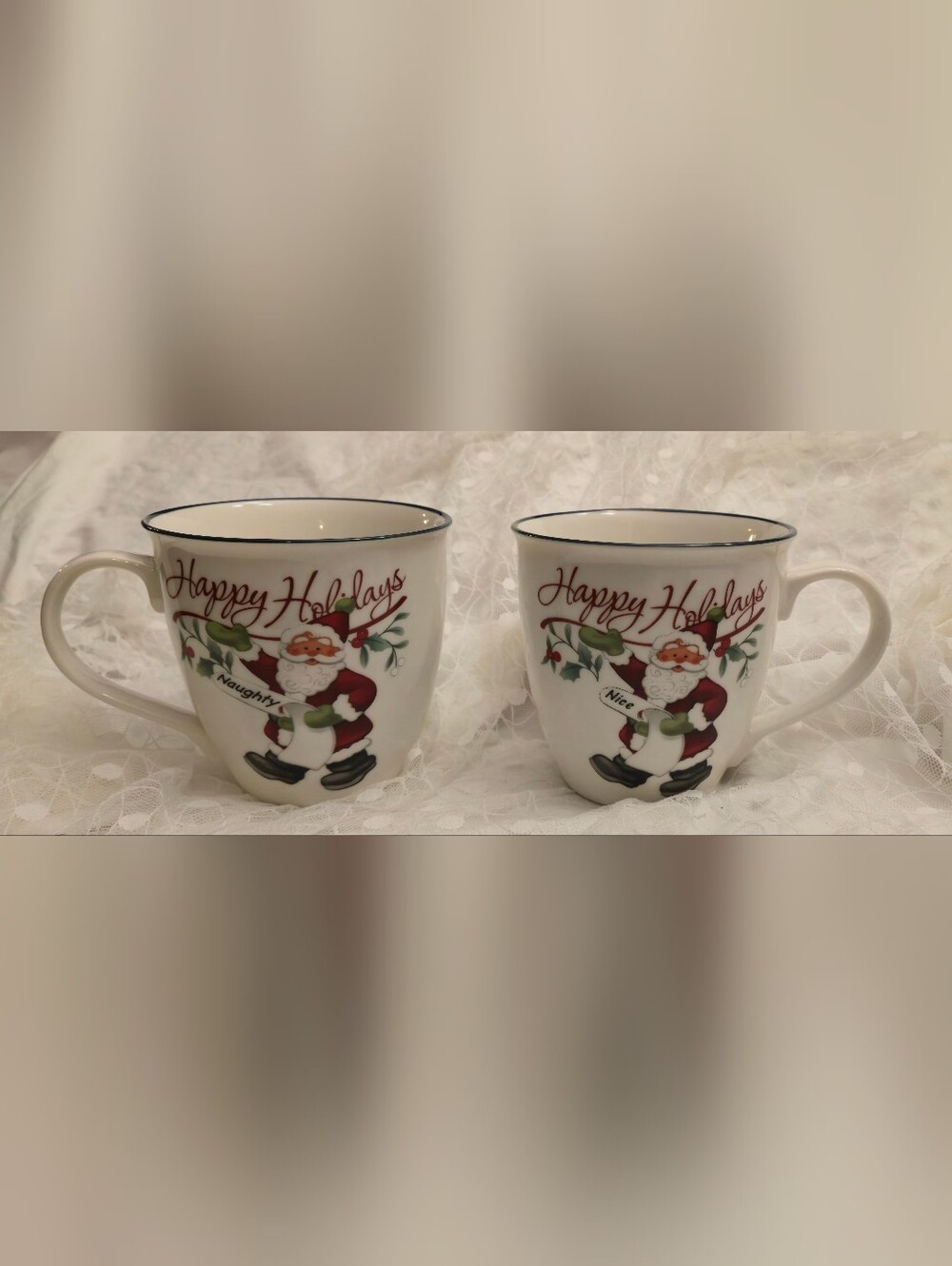 Pfaltzgraff Winterberry Santa Naughty /  Nice List Mugs  NEW w/BOX